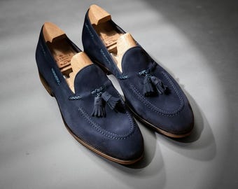 Mocasines de ante azul con borlas, hechos a mano: Zapatos de vestir de piel para hombre, sin cordones, de plena flor, tallas personalizadas