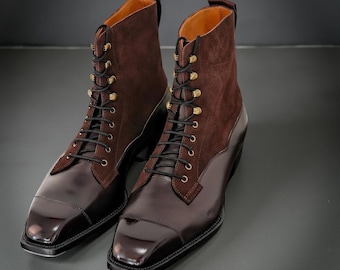 Botas de ante de cuero bicolor hechas a mano / Botas con puntera y cordones para hombre