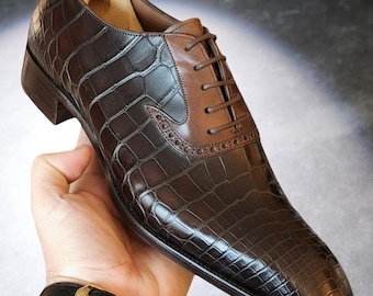 Handgefertigte Oxford-Lederschuhe mit Krokoprägung | Zweifarbige Trachtenschuhe