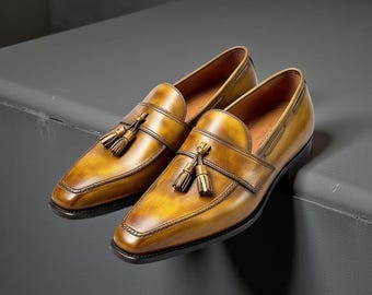 Handmade Tan Tassel Loafers | Men’s Luxury Patina Shoes | Italian Leather Slip-On