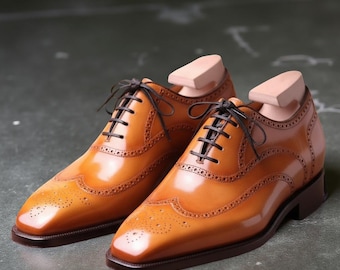 Handmade Tan Leather Brogue Oxford Shoes