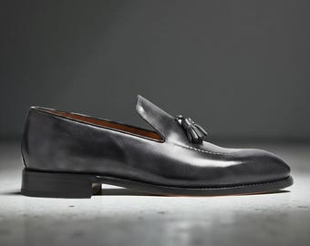 Handmade Black Leather Tassel Loafers for Men
