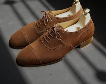Handmade Brown Suede Oxford Brogue Shoes | Cap Toe Leather Soles