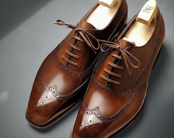 Handmade Brown Leather Oxford Brogue Shoes | Wingtip Dress Shoes
