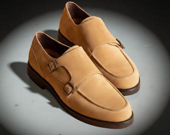 Handmade Tan Suede Double Monk Loafers