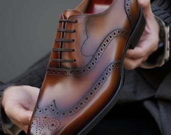 Handcrafted Brown Patina Wingtip Oxford Shoes