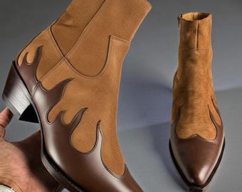 Handmade Two-Tone Flame Western Ankle Boots – Brown & Tan Suede Leather Cowboy Boots