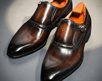 Handmade Single Monk Strap Shoes for Men | Brown Patina Leather Dress Shoes