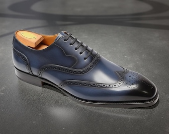 Sapatos Oxford Brogue Azul Marinho Feitos à Mão