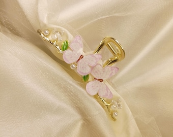 Gold Butterfly Hair Clip, Pearl Accents, Pastel Fairy Claw Accessory