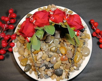 Red Rose Flower Crown with Mushrooms, Rustic Wedding Headband