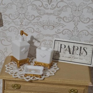 1:12 Scale Miniature Bathroom Vanity Set, Dollhouse White Gold Soap Pump Dish, Paris Always Good Idea Sign, Lace Doily Washroom Powder Room