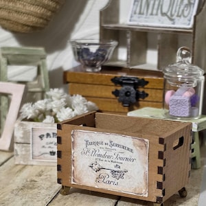 1/12 Miniature Wooden Industrial Crate Casters Wheels Dollhouse French Apothecary Style Storage