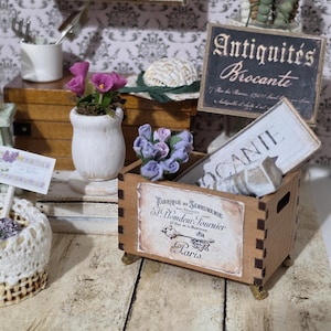 1/12 Miniature Wooden Industrial Crate Casters Wheels Dollhouse French Apothecary Style Storage