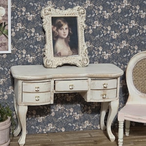 1:12 Scale Miniature French Vanity Desk, Shabby Chic Dressing Table Dollhouse Furniture