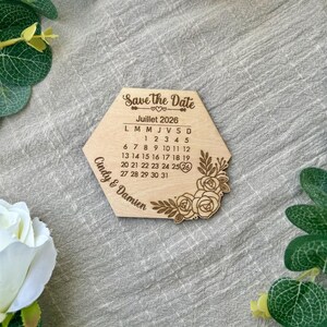 Personalized wooden Save the Date for weddings – Engraved calendar magnet – Original wedding announcement – Wedding favor – FSC-certified natural wood image 2