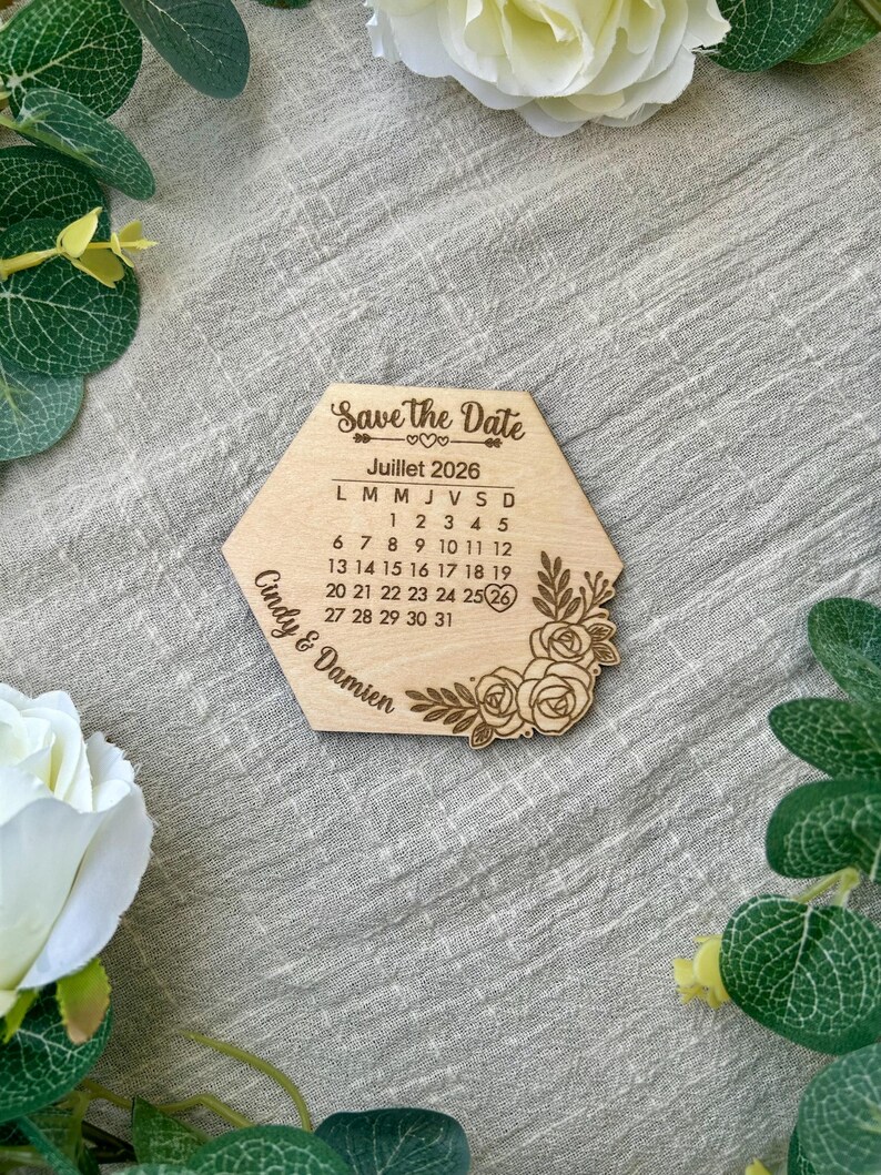 Personalized wooden Save the Date for weddings – Engraved calendar magnet – Original wedding announcement – Wedding favor – FSC-certified natural wood image 2