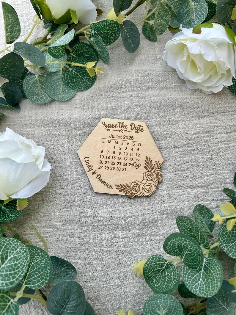 Personalized wooden Save the Date for weddings – Engraved calendar magnet – Original wedding announcement – Wedding favor – FSC-certified natural wood image 4