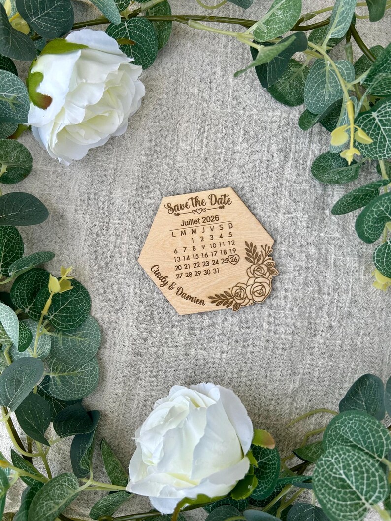 Personalized wooden Save the Date for weddings – Engraved calendar magnet – Original wedding announcement – Wedding favor – FSC-certified natural wood image 5