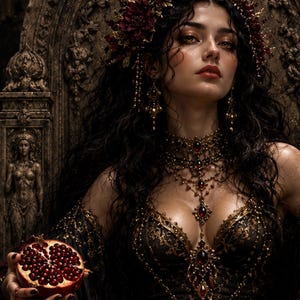 Cuadro de la diosa Perséfone, reina del inframundo, arte de la mitología griega oscura, diosa de la granada, decoración gótica de brujas.