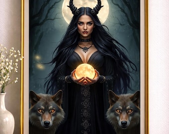 Grafika artystyczna z boginią Hekate – gotyckie wilki księżycowe, mistyczna kobiecość (pobranie cyfrowe)