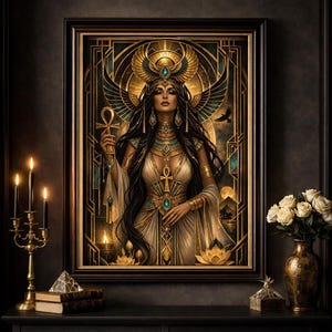 May include: A framed artwork depicting an Egyptian queen in gold and teal. The queen wears a headdress and holds an ankh. The artwork is framed in black and sits on a dark surface. A gold candelabra with lit candles and a vase of white roses are nearby.