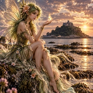 Puede incluir: Una figura de hada con alas translúcidas, cabello largo verde y un vestido verde fluido adornado con pequeñas flores rosas. La figura está sentada en una orilla rocosa, sosteniendo una mariposa brillante, con un castillo lejano en una colina al atardecer.