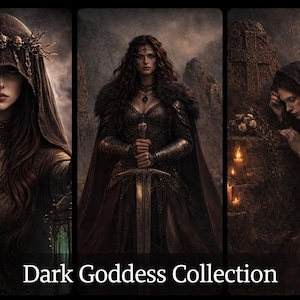 Könnte beinhalten: Ein Triptychon digitaler Kunst mit dunkelhaarigen Frauen in gotischer Kleidung. Die Bilder zeigen eine Kapuzenfigur, eine Frau mit einem Schwert und eine Frau in der Nähe eines Steinkreuzes. Der Text "Dark Goddess Collection" steht unten.