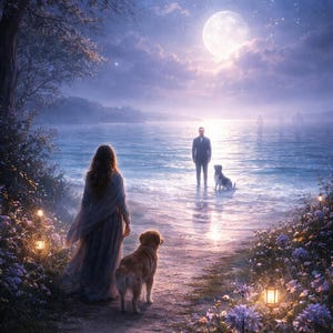 May include: A digital painting of a moonlit beach scene. A person in a flowing gown walks with a golden retriever, while another person stands in the water with a dog. Lanterns and flowers line the path.