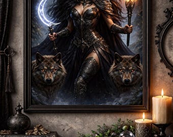 Hecate Warrior Goddess Wall Art – Dark Feminine Witch Decor with Wolves, Gothic Moon Printable