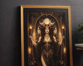 Art Deco Hecate Print – Triple Moon Goddess Wall Art, Black Gold Mythology Poster