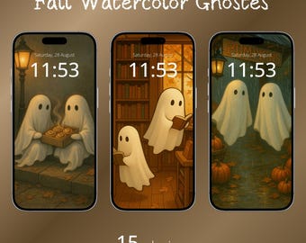 Cute Watercolor Ghosts Halloween Phone Wallpaper Spooky Fun Cell Phone Background Set iPhone Android Fall Digital