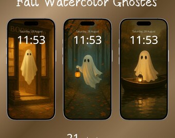 Halloween Phone Wallpaper Cute Watercolor Ghosts Fun Halloween Background Set iPhone Android Fall Digital