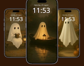Fondo de pantalla de Halloween para teléfono inteligente, divertido protector de pantalla de Halloween, lindo fondo de fantasmas de acuarela, conjunto para iPhone y Android, descarga digital de otoño