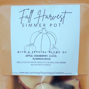 Könnte beinhalten: Braune Papiertüte mit transparentem Fenster, gefüllt mit getrockneten Apfelscheiben. Ein Etikett mit der Aufschrift "Fall Harvest Simmer Pot" mit einer Kürbisillustration. Zimtstangen und Nelken im Vordergrund.