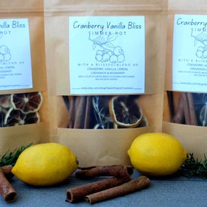 Può includere: Tre sacchetti di carta marrone con l'etichetta "Cranberry Vanilla Bliss Simmer Pot" con un mix di mirtilli rossi, vaniglia, limone, cannella e rosmarino. I sacchetti contengono bastoncini di cannella e fette di agrumi essiccati. Due limoni gialli e rametti di rosmarino sono davanti.