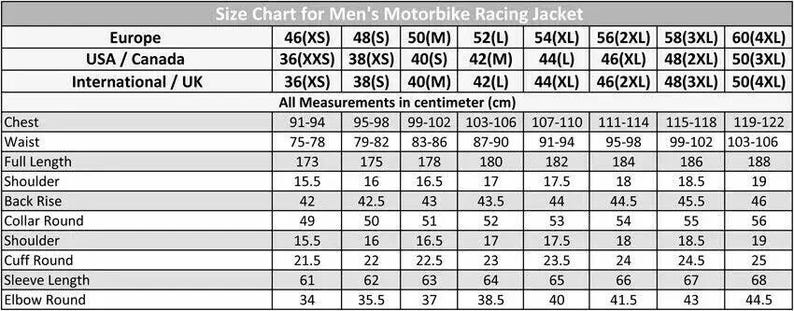 Puede incluir: Tabla de tallas para chaquetas de carreras de motos para hombre, con medidas en cent&iacute;metros. La tabla incluye tallas de la 46(XS) a la 60(4XL). Medidas de pecho de 91-122 cm y largo total de 173-188 cm. Incluye medidas de hombros, pu&ntilde;os y mangas.