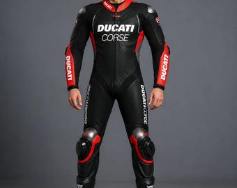Custom Handmade Black Ducati Corse Motorbike Racing Leather Suit
