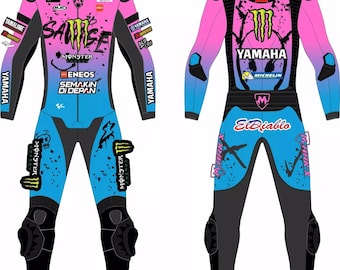 Custom Monster Yamaha Style Leather Motorcycle Racing Suit – Pink Blue MotoGP Rider Gear