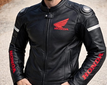 Custom Handmade Men's Honda Motorcycle Leather Jacket |Black Biker Racing Jacket |Protective Riding Gear For Men