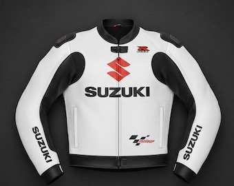 Custom Handmade Men's Suzuki Motorcycle Leather Jacket |White and Black Biker Racing Jacket |Protective Riding Gear For Men