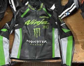 Custom Handmade Men's Kawasaki Ninja MotorBike Leather Jacket |Black Biker Racing Jacket |Protective Riding Gear For Men