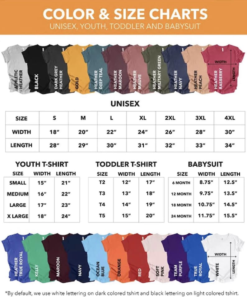 K&ouml;nnte beinhalten: Eine Farb- und Gr&ouml;&szlig;entabelle f&uuml;r Unisex-, Jugend-, Kleinkind- und Baby-T-Shirts. Das Bild zeigt Reihen von T-Shirts in verschiedenen Farben, darunter Athletic Heather, Schwarz, Gold und Marineblau. Tabellen geben Ma&szlig;e in Zoll an.