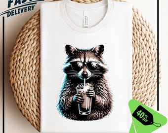 Raccoon Drinking Iced Coffee Shirt | Funny Animal Meme Tee | Coffee Lover Raccoon Shirt |  Unisex Graphic T Shirt