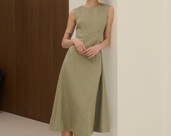 Handmade Linen Midi Dress: Sleeveless Minimalist Summer Clothing