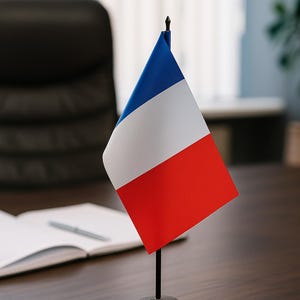 Peut inclure: Un petit drapeau français, avec des bandes verticales bleues, blanches et rouges, sur un socle noir. Le drapeau est posé sur un bureau en bois sombre, avec un carnet et un stylo en arrière-plan.