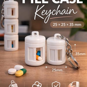May include: White modular pill case keychain. The pill case measures 25 x 25 x 35 mm and is shown with pills inside. The keychain has a silver chain and ring. Text on the image reads "PILL CASE Keychain".