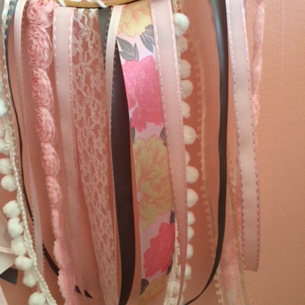DREAM CATCHER - Nursery, Room Decor, Baby Shower - Vintage, Boho Chic - Pink, Gray, Flowers, Poms, Lace - Ready to Ship - OOAK