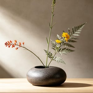 Custom Engraved Wabi Sabi Ceramic Vase with Pin Frog,Low Stone Ikebana Flower Holder,Minimalist Zen Home,Rustic Shelf&Table Decor,New Home