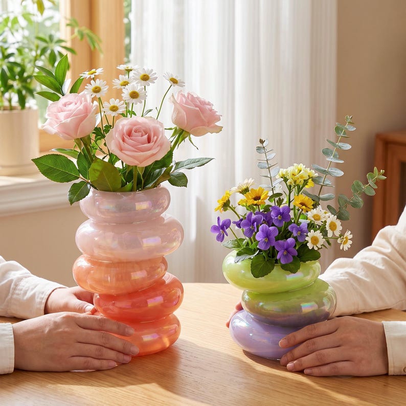 May include: Two stacked, iridescent glass vases, one in shades of pink and orange, the other in green and purple, each holding fresh flowers. The vases have a unique, rounded design. The flowers include roses, daisies, and other colorful blooms.